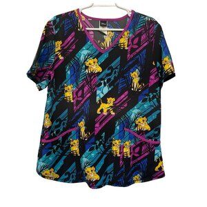 Disney Lion King Scrub Top L/G‎ V-Neck Short Sleeve Black/Multicolor